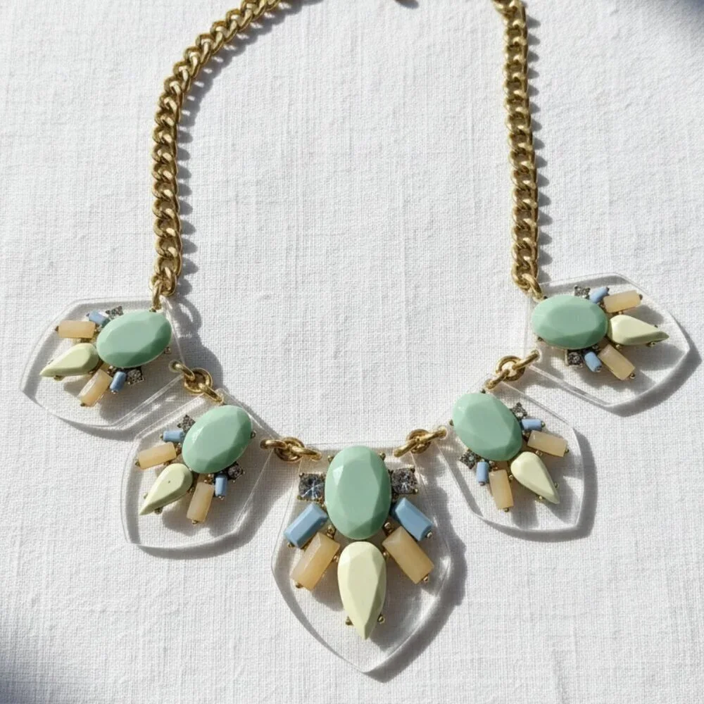 J Crew Goldtone Necklace Sage Green Baby Blue Clear Acrylic transparent